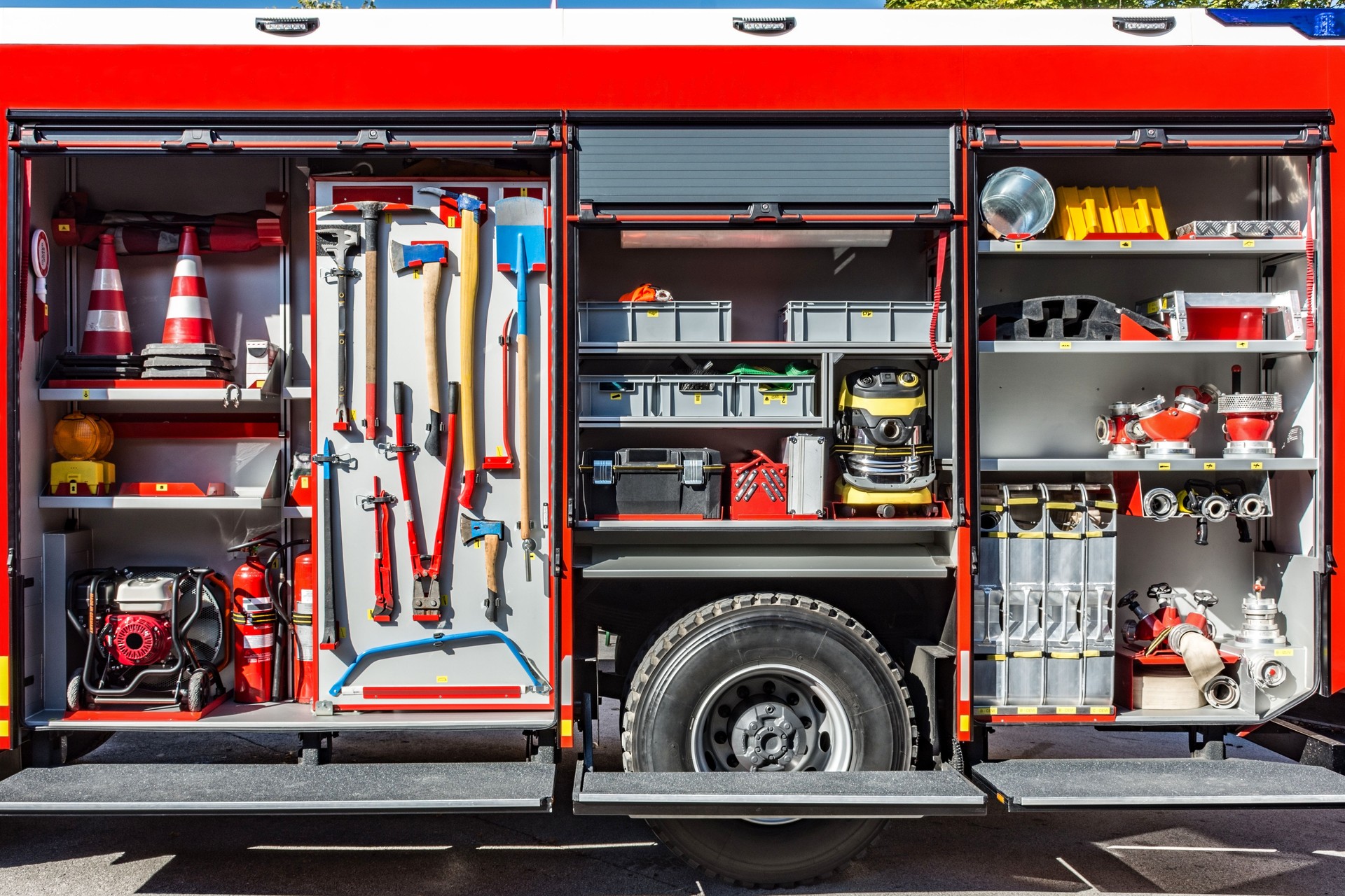 Firefighters equipment in fire engine